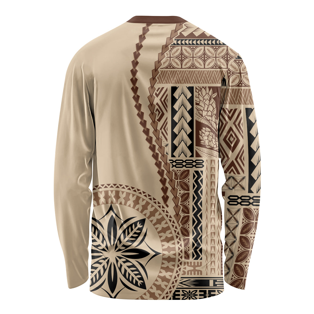 Beige long-sleeve crewneck shirt with large back Samoa siapo geometric motif
