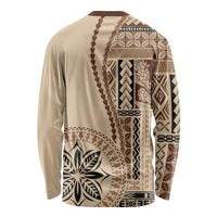 Beige long-sleeve crewneck shirt with large back Samoa siapo geometric motif