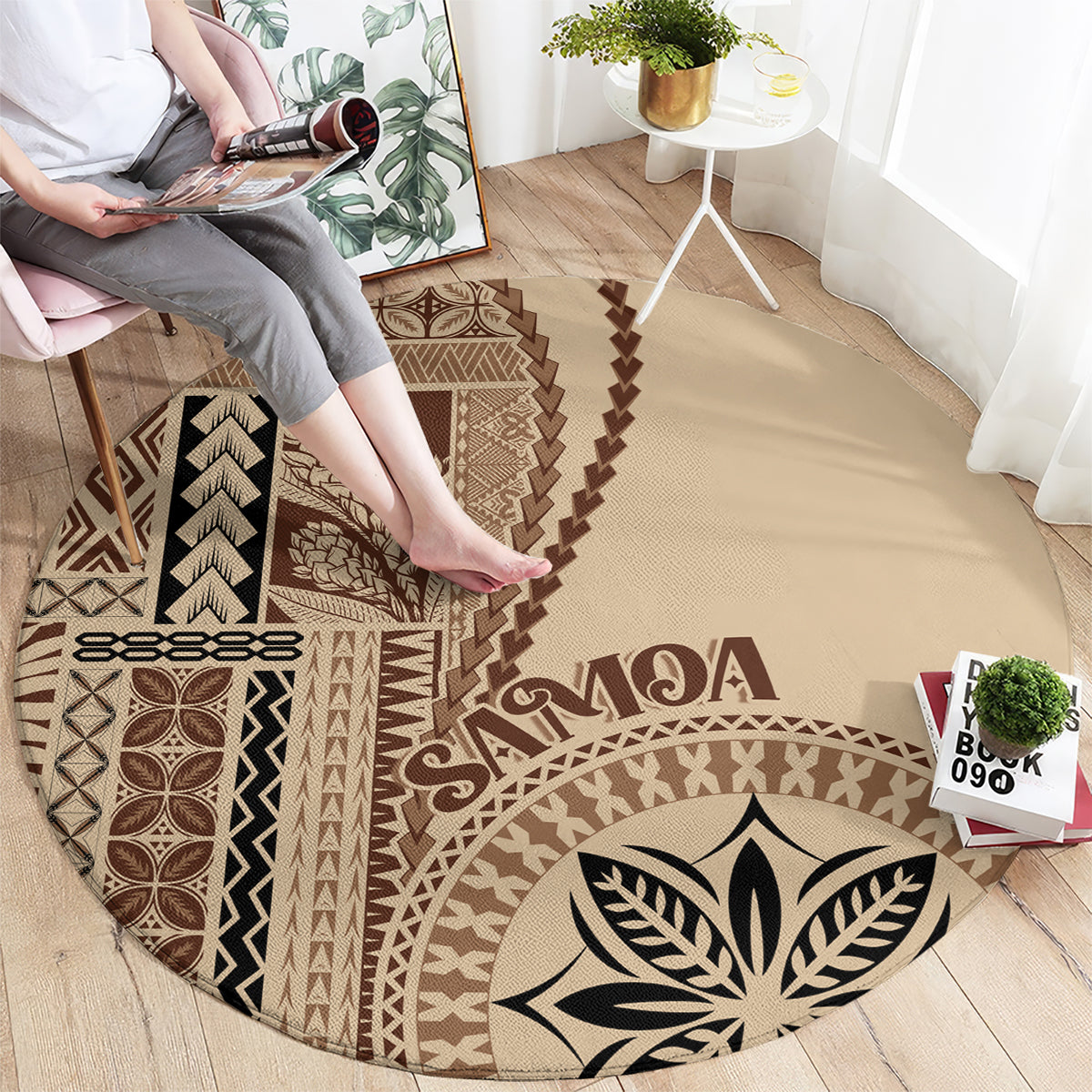 Beige round rug with brown geometric tribal patterns and leaf motif, decorative border