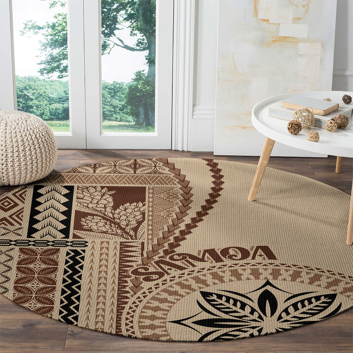 Beige round rug with brown geometric blocks, zigzag edge, and central leaf design