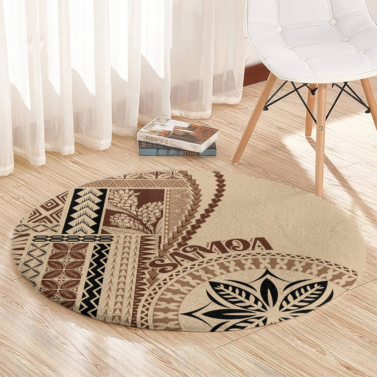 Beige round rug with brown geometric border, zigzag trim, and leaf emblem at corner