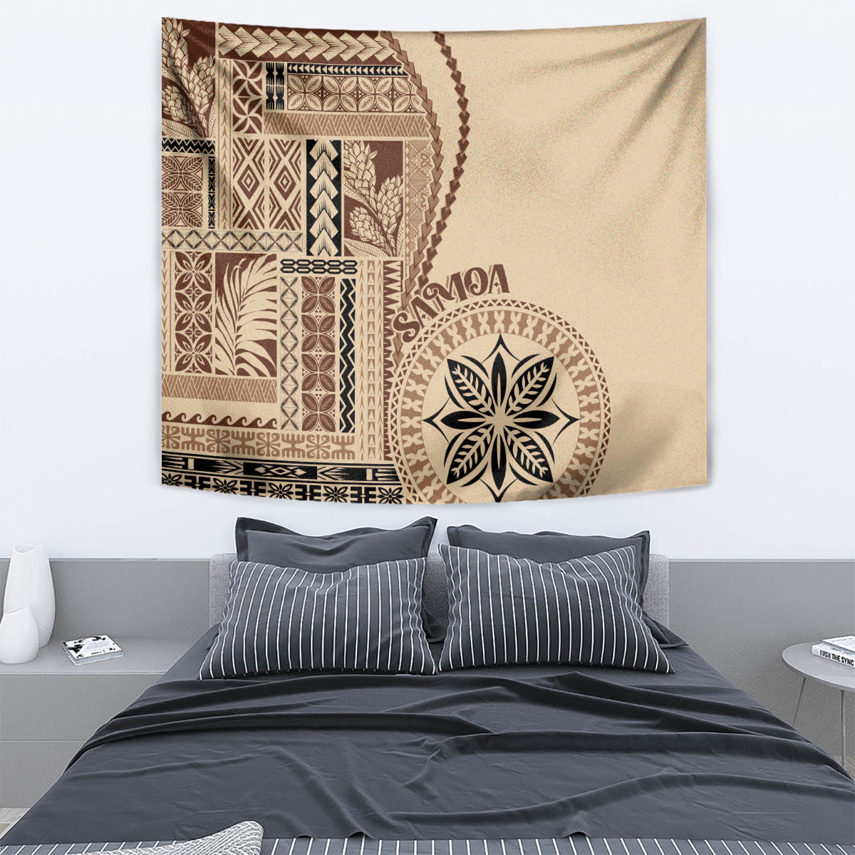 Beige wall tapestry featuring geometric siapo patterns and circular flower design