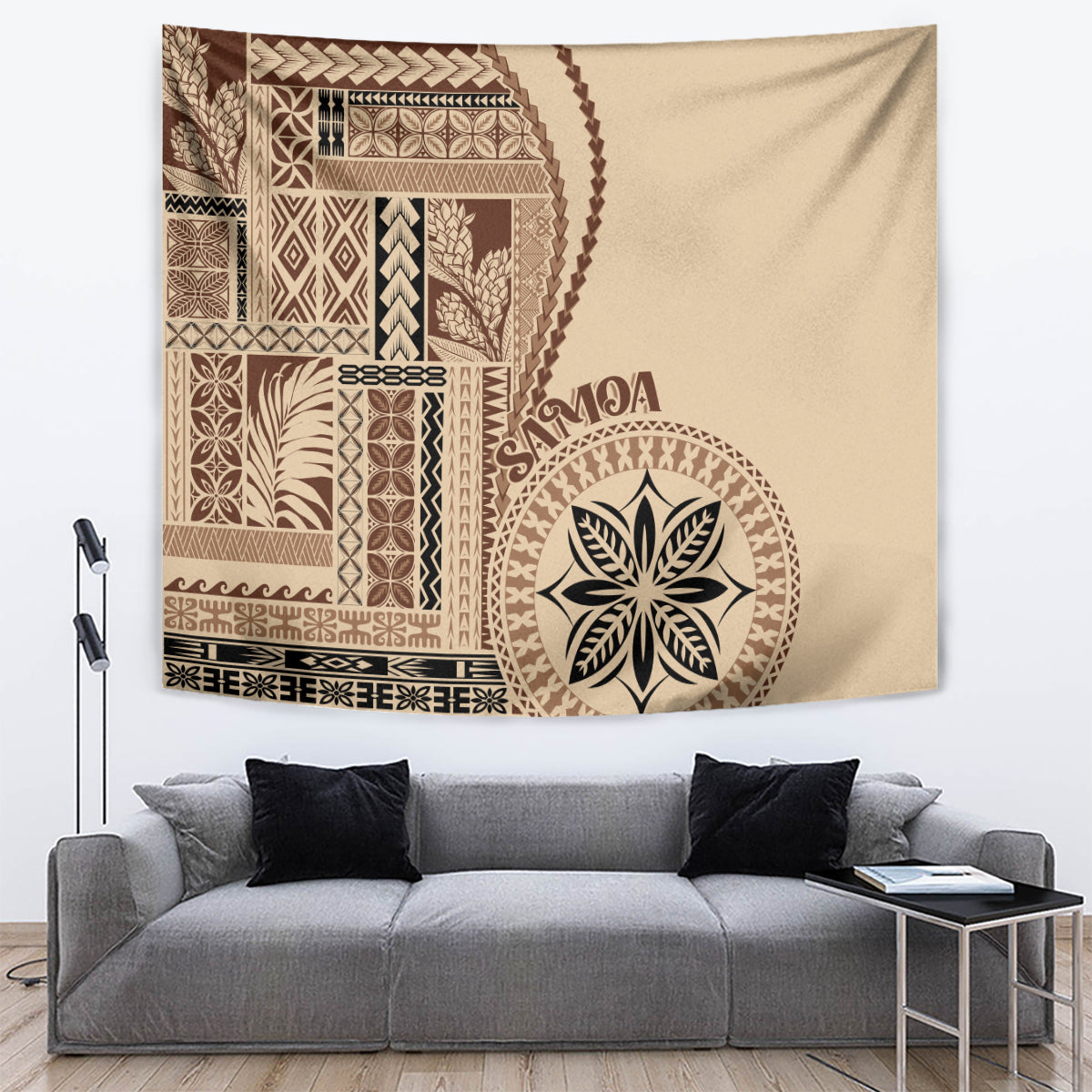 Beige Samoa siapo tapestry with geometric borders and round flower emblem