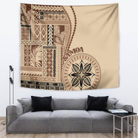 Beige Samoa siapo tapestry with geometric borders and round flower emblem