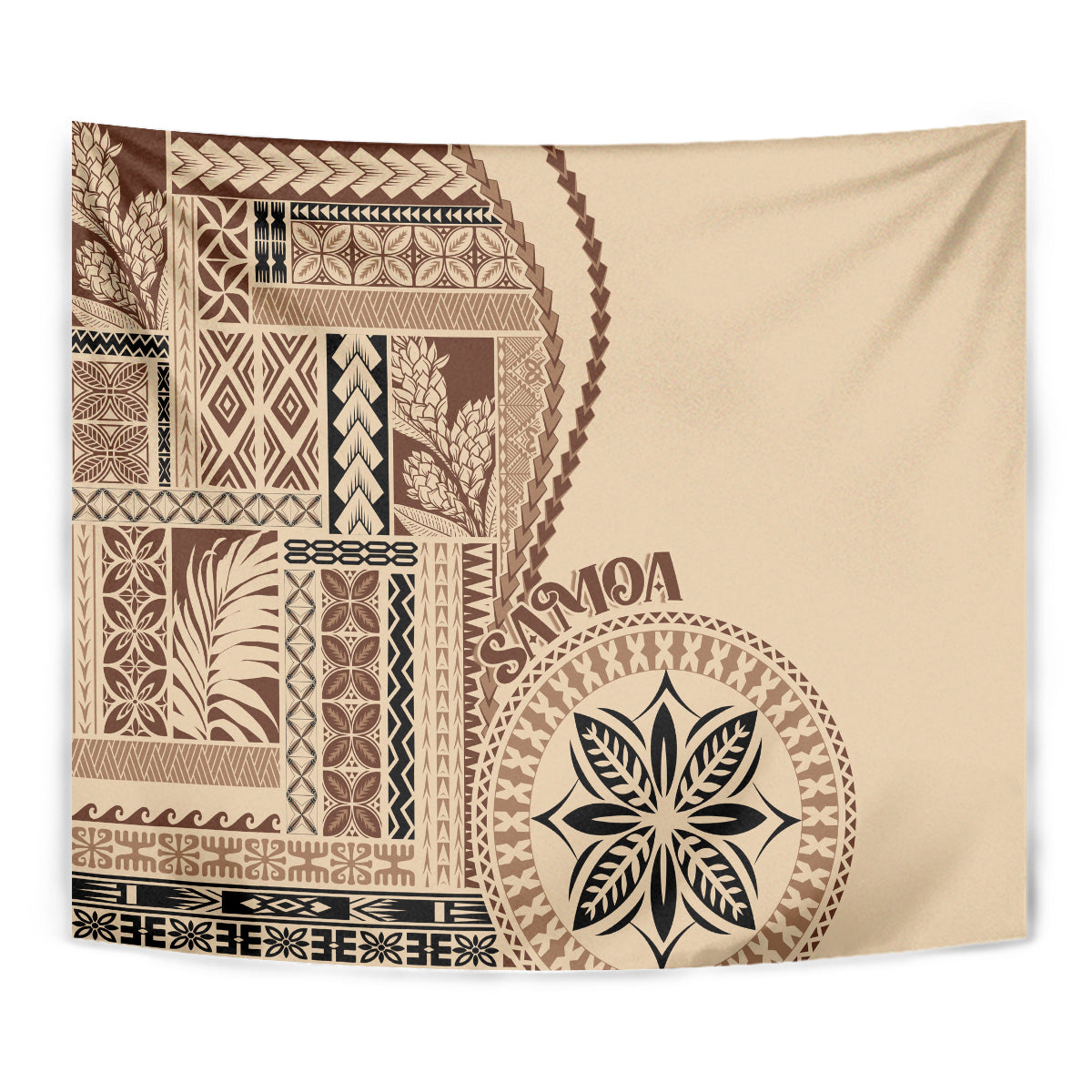 Beige Samoa siapo tapestry close-up with patterned panels and circular floral emblem