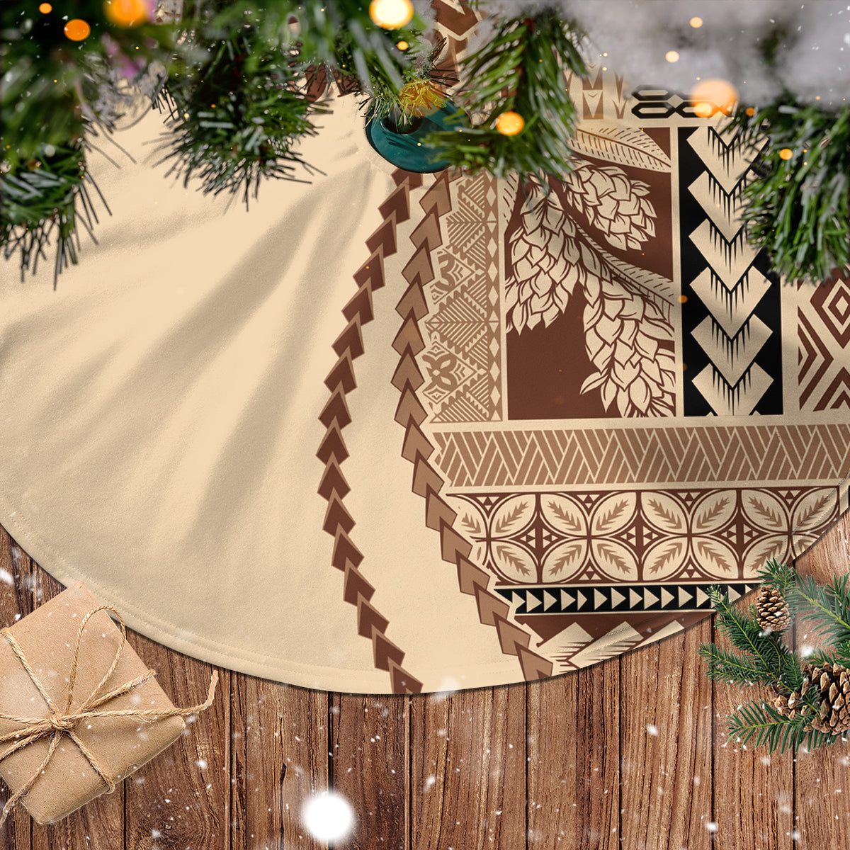 Beige round tree skirt with brown geometric panels and leaf and border motifs