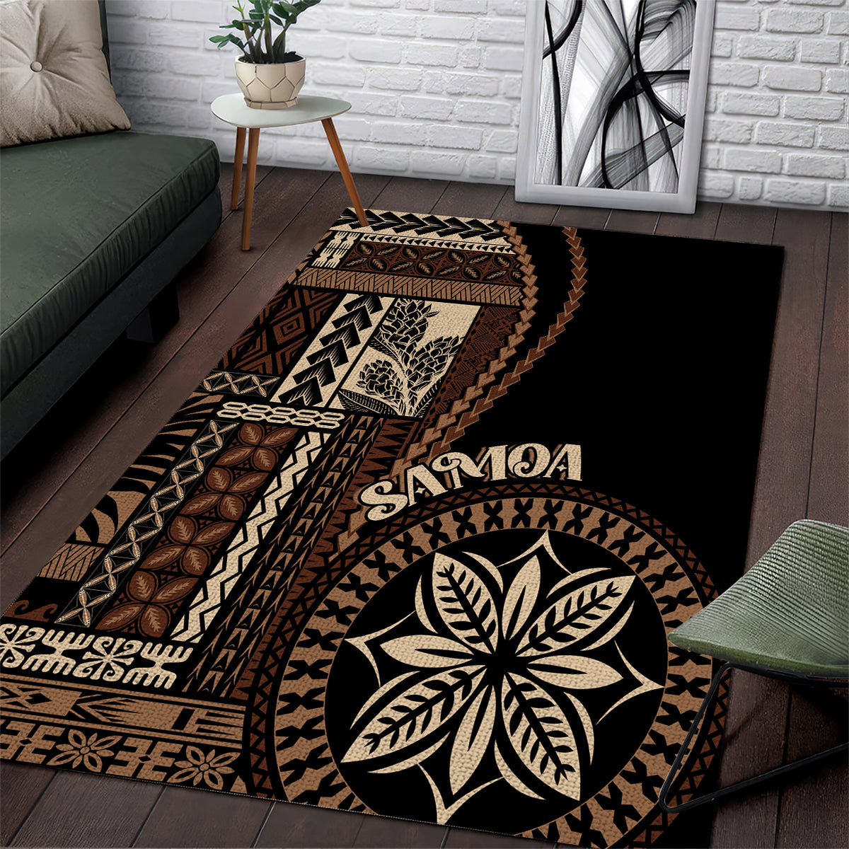Black siapo motif area rug with geometric borders and large leaf flower medallion