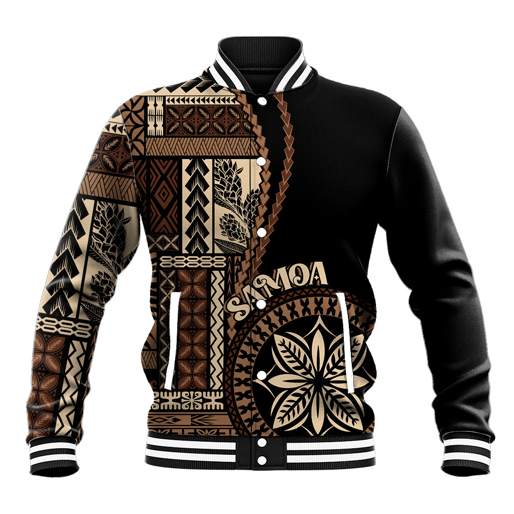 Black baseball jacket with Samoa siapo motif panels, snap front, ribbed collar cuffs.