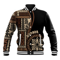 Black baseball jacket with Samoa siapo motif panels, snap front, ribbed collar cuffs.