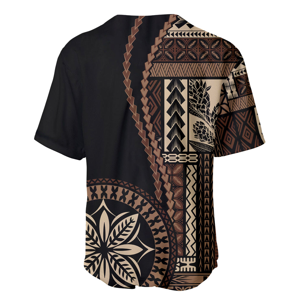 Black baseball jersey with large siapo print on back and leaf emblem