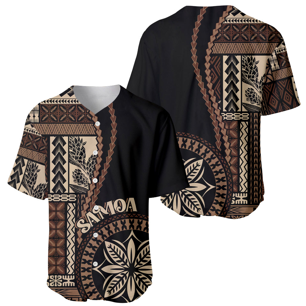 Black baseball jersey with siapo motif, Samoa lettering, button front, leaf graphic