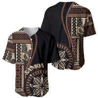 Black baseball jersey with siapo motif, Samoa lettering, button front, leaf graphic