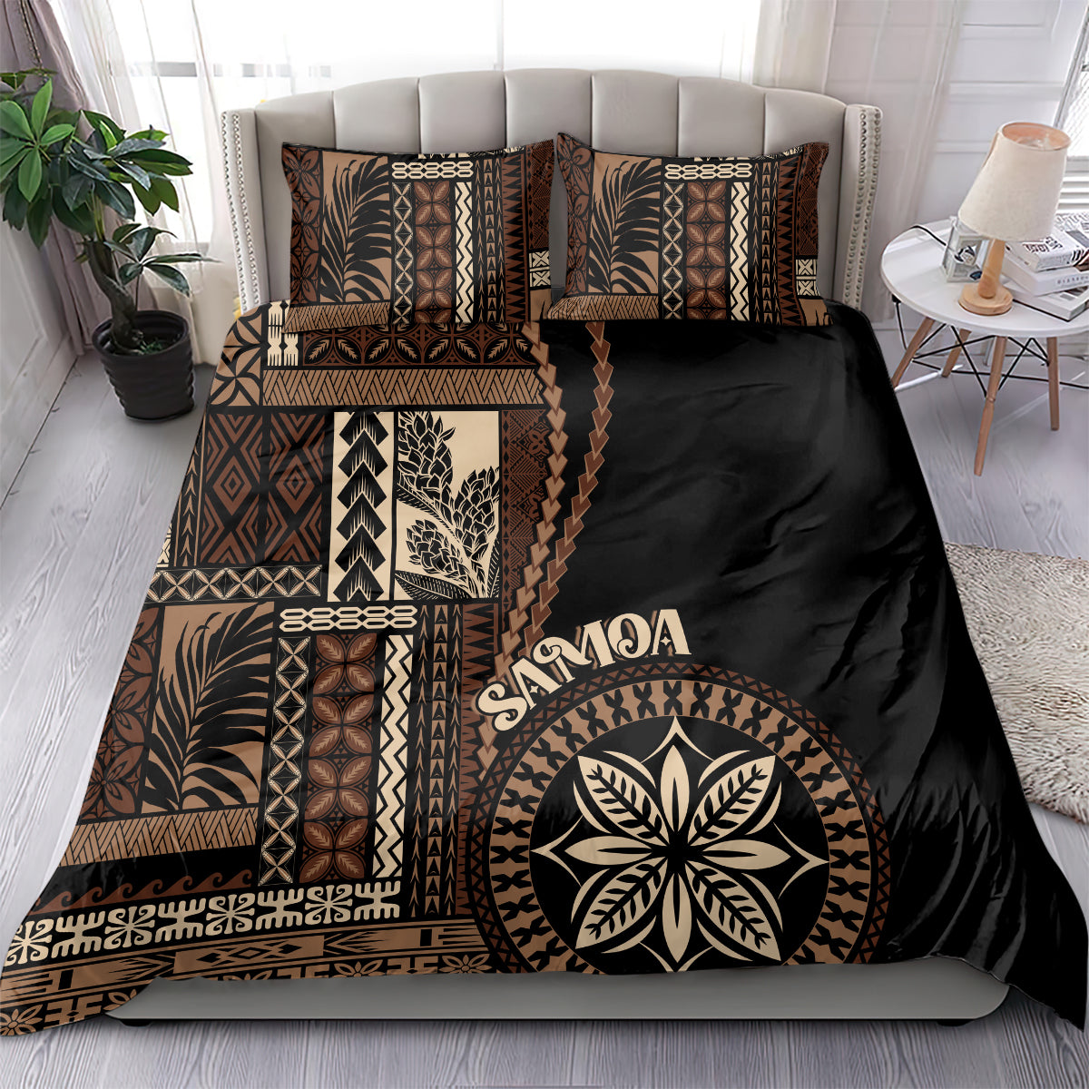 Black duvet cover set with brown tribal siapo pattern, leaf medallion, and pillowcases