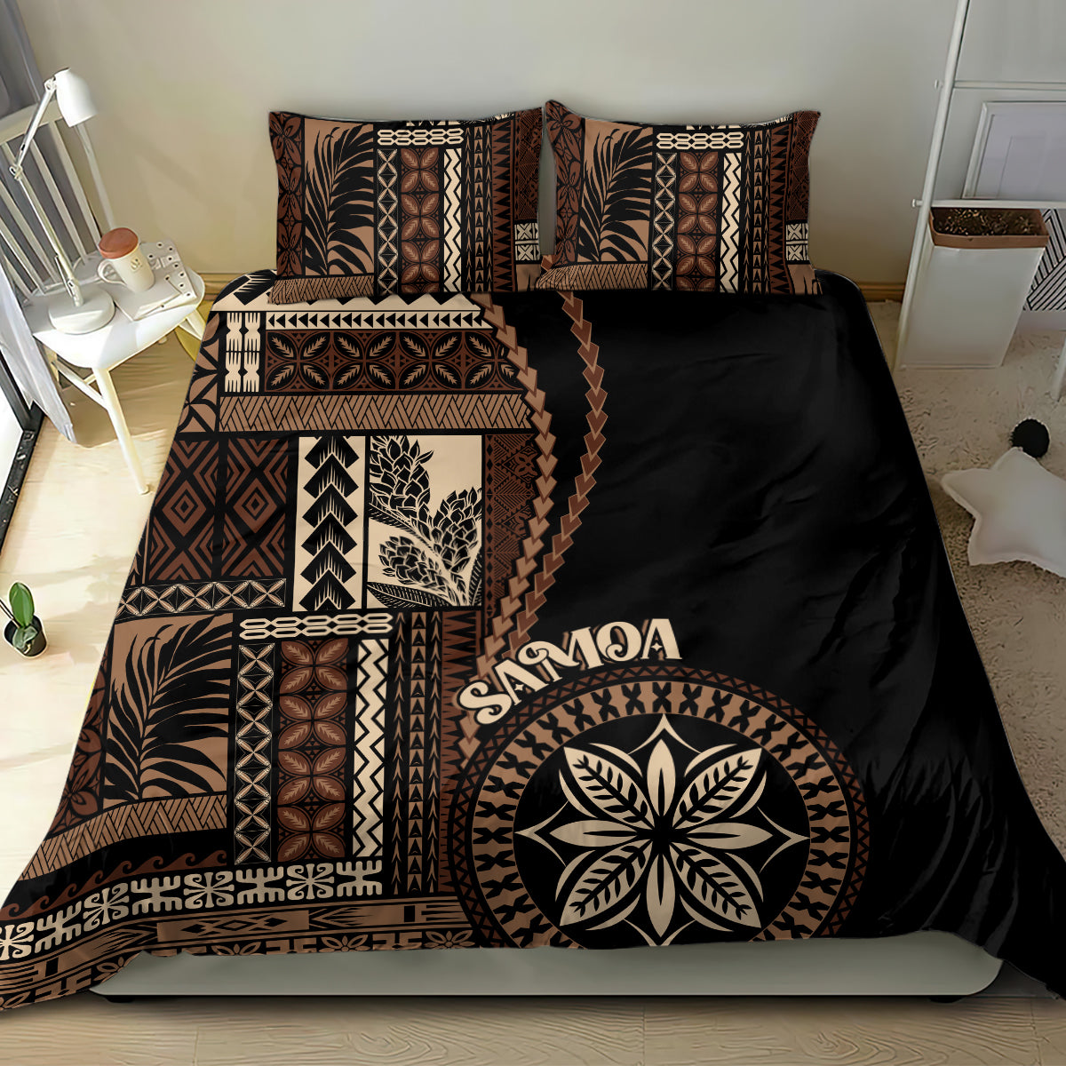 Black duvet cover bedding set with brown siapo stripe panels and round leaf medallion