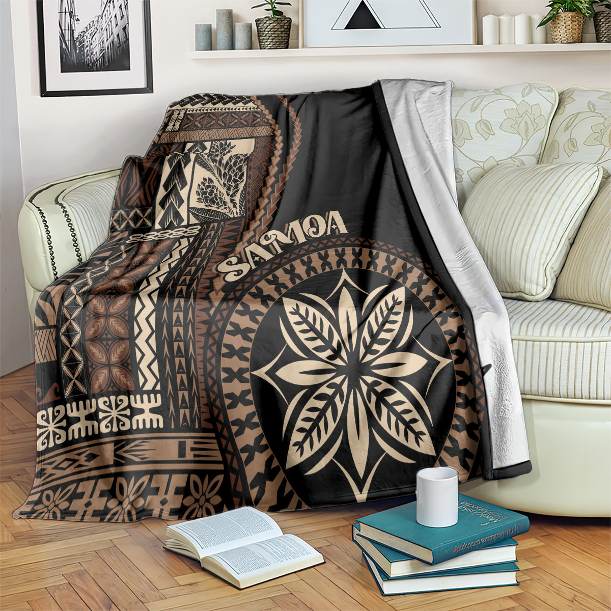 Black Samoa siapo motif blanket with geometric pattern and oversized leaf medallion