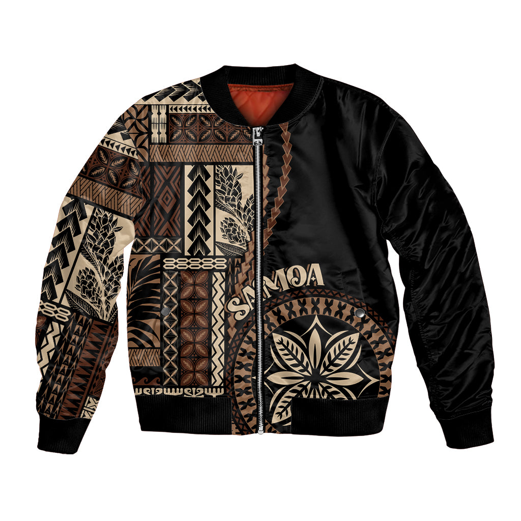 Black bomber jacket with Samoa siapo-inspired motif panels and front zipper