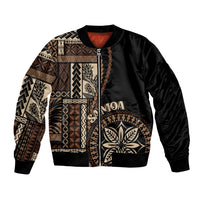 Black bomber jacket with Samoa siapo-inspired motif panels and front zipper