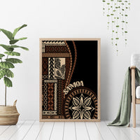 Framed black canvas wall art on the floor with tapa border patterns and leaf circle