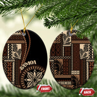Round and bell-shaped ceramic ornaments with Samoa motifs, black and tan patterns, gold hanging loops