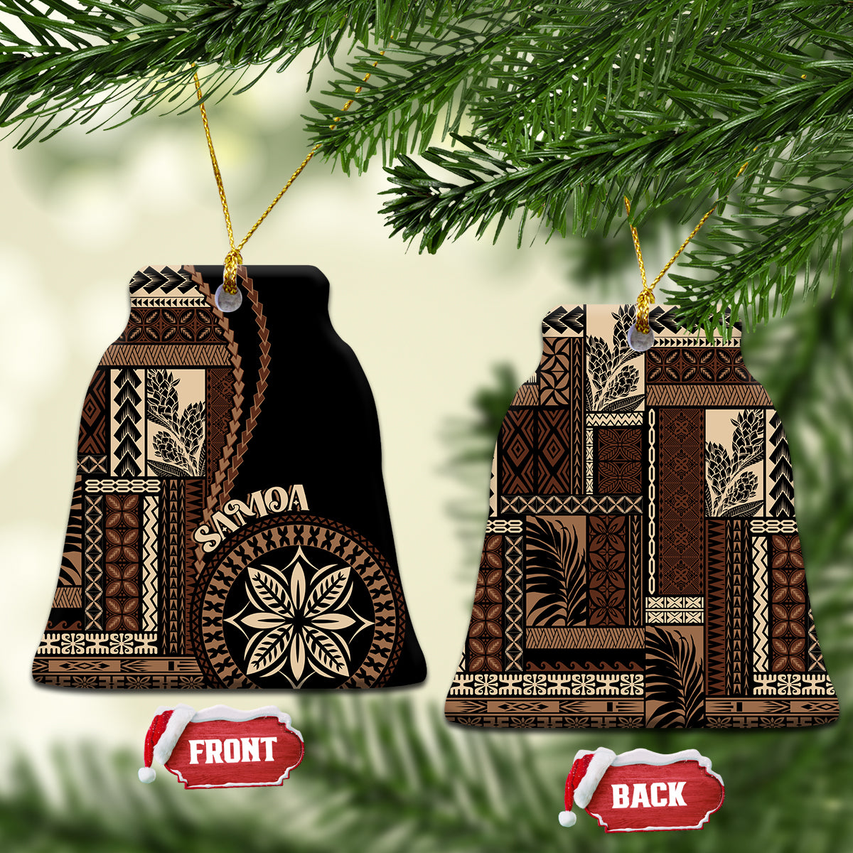 Bell-shaped ceramic ornament with Samoa motif, black and tan pattern, gold loop; FRONT/BACK tags