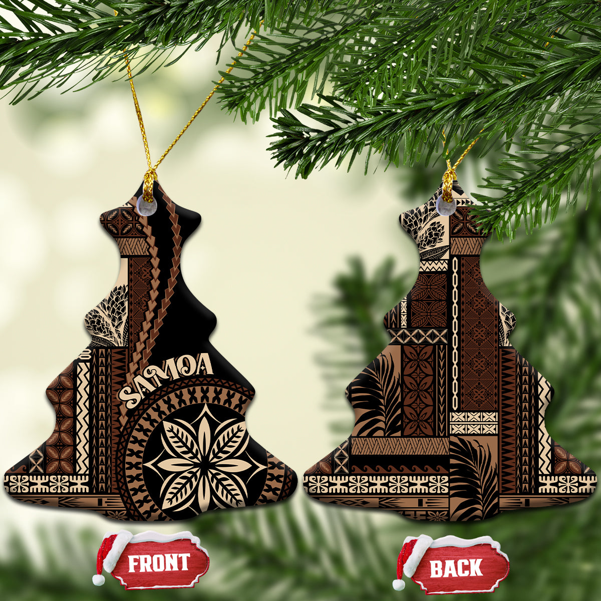 Two bell-shaped ceramic ornaments with Samoa motif in black and tan, gold hanging loops