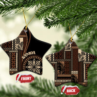 Star-shaped ceramic ornaments with Samoa motif, black and tan pattern, gold hanging loops; FRONT/BACK tags
