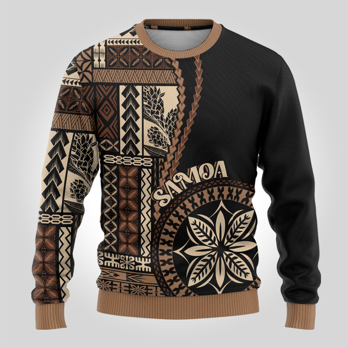 Black ugly Christmas sweater with large geometric Samoa siapo graphic, ribbed hem