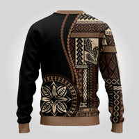 Black ugly Christmas sweater back with brown/tan Samoa siapo pattern, ribbed cuffs