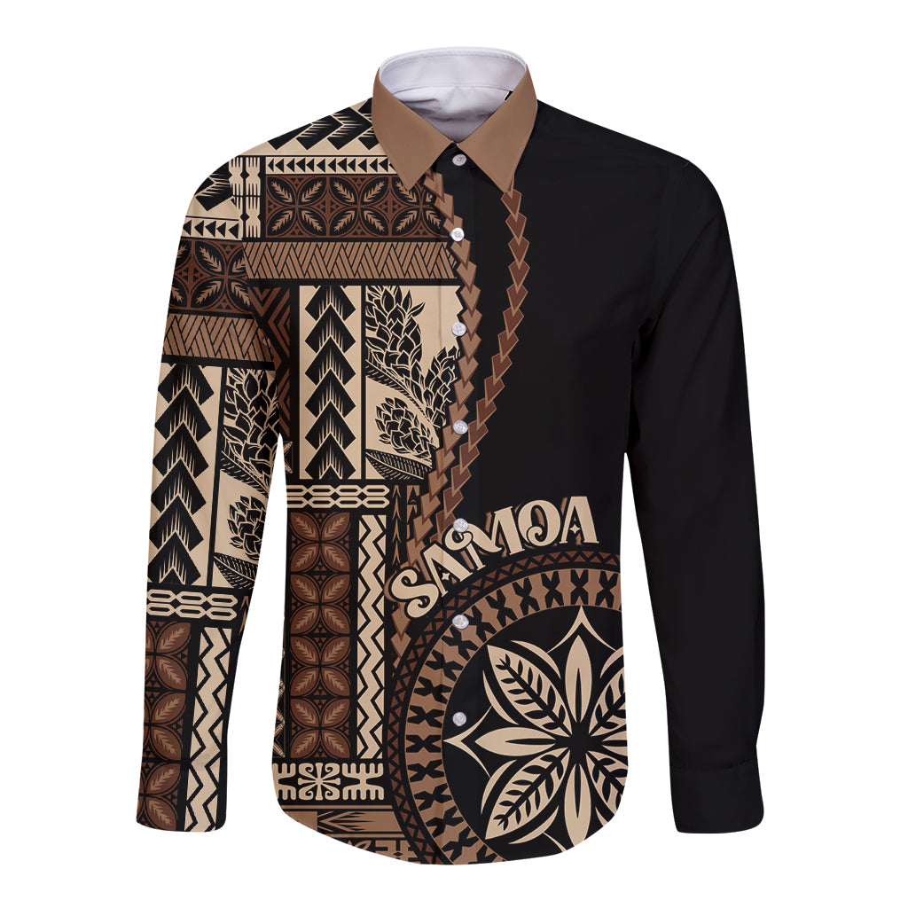 Black long-sleeve button-up shirt with brown and beige traditional motif panel