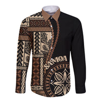 Black long-sleeve button-up shirt with brown and beige traditional motif panel