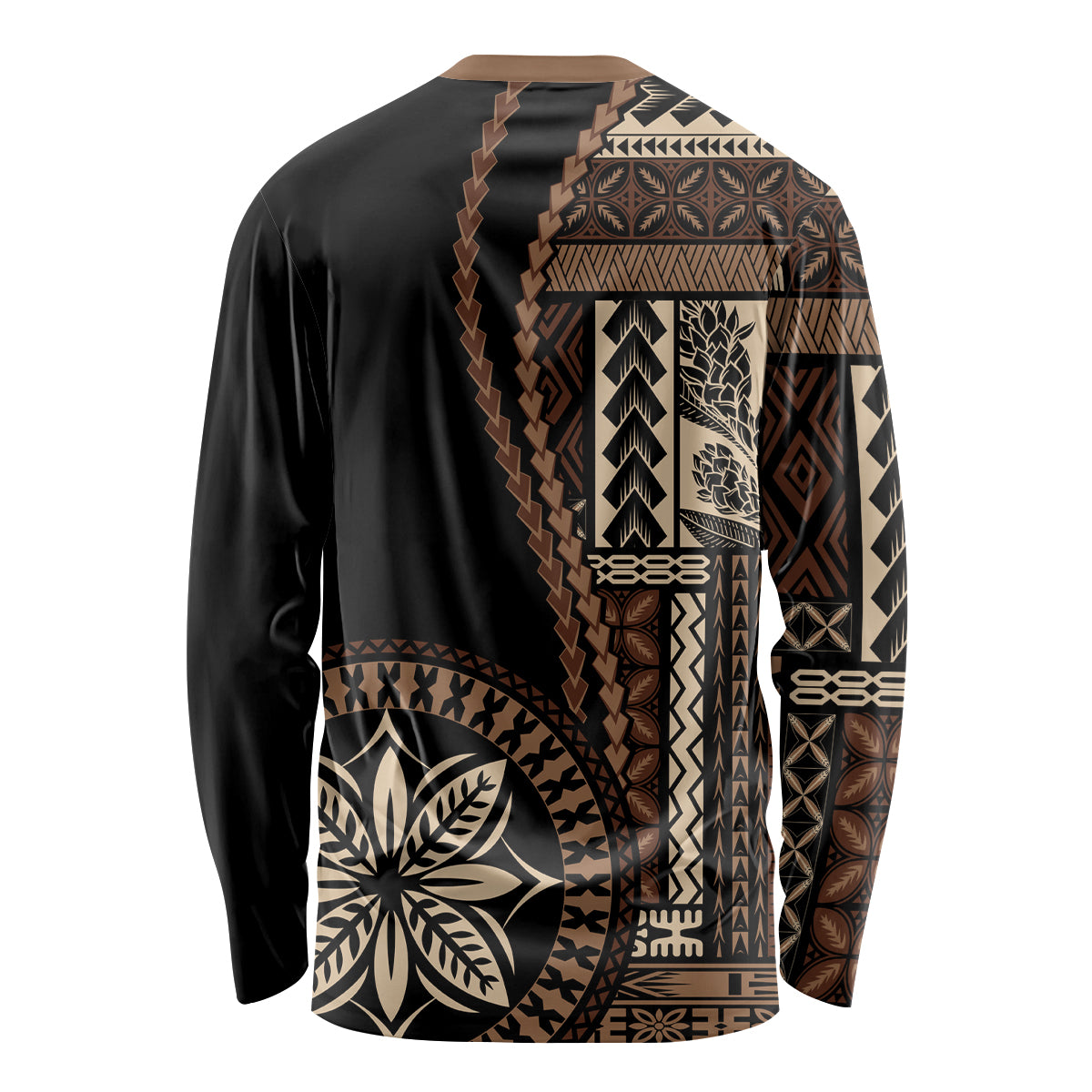 Unisex black long-sleeve shirt with beige-brown Samoa siapo motif side/back