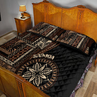 Black siapo motif quilt bed set on bed with leaf emblem and patterned border panel