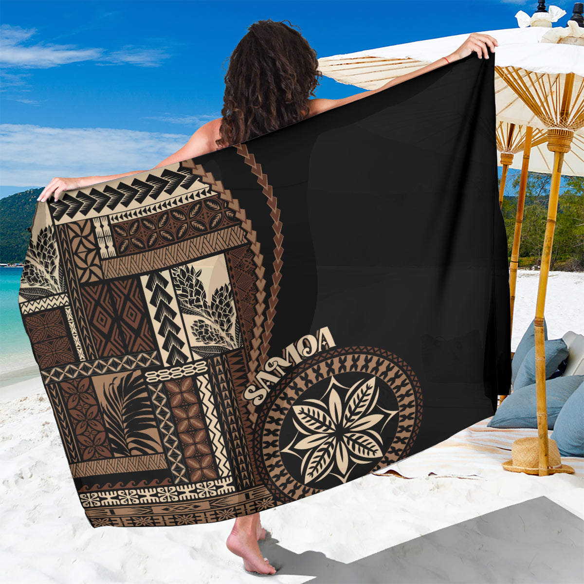 Black Samoa siapo motif sarong with large circular floral design