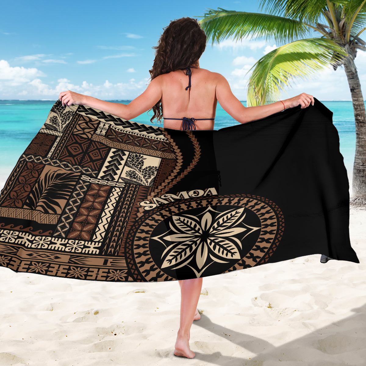 Black Samoa siapo motif sarong draped wrap with circular floral emblem