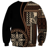 Black sweatshirt with full front Samoa siapo-style panel graphic, long sleeves, crew neck