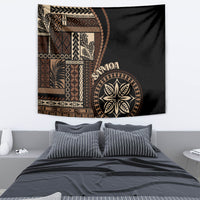 Rectangular black Samoa siapo motif tapestry with circular flower emblem and text