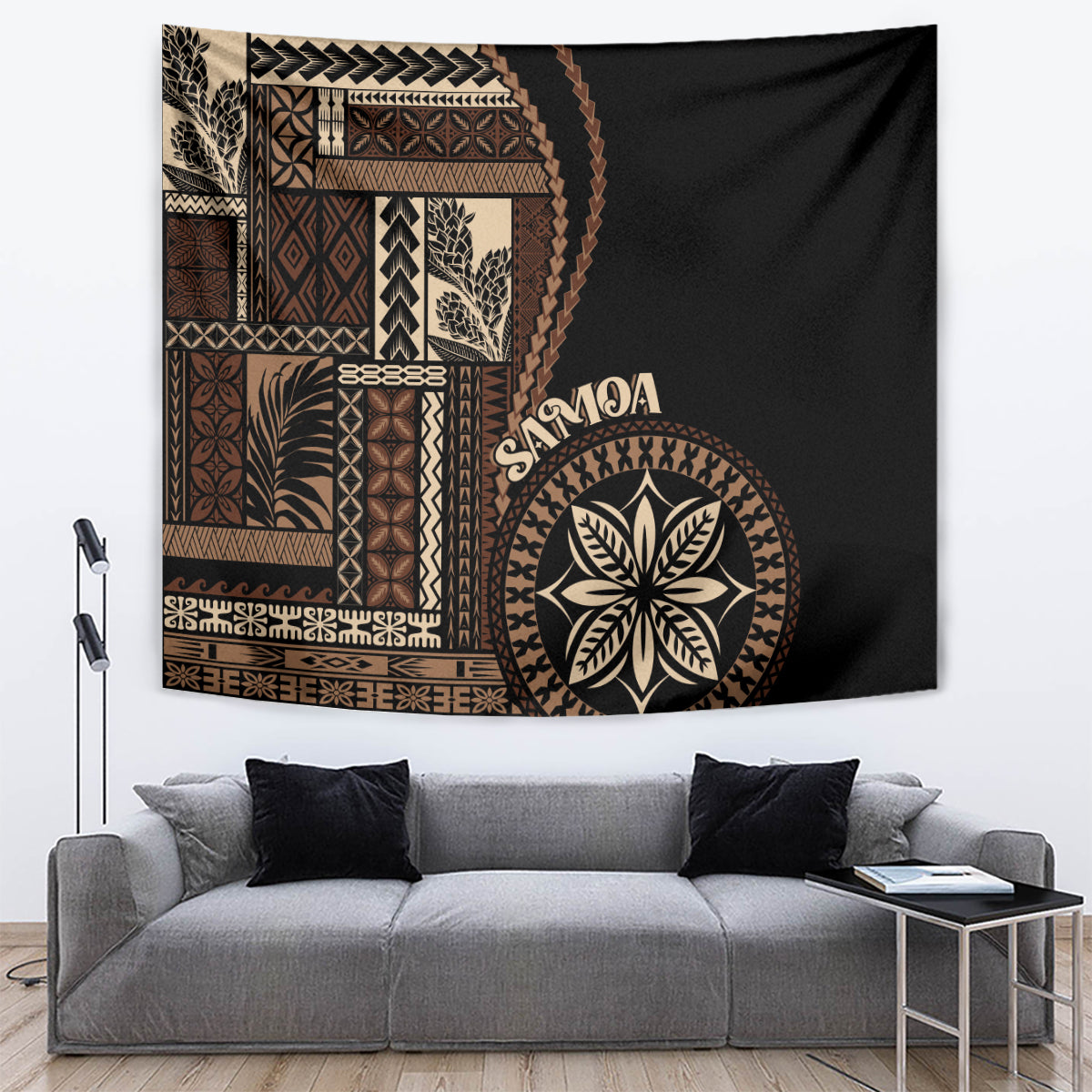 Black Samoa siapo motif tapestry with patterned blocks and round floral emblem