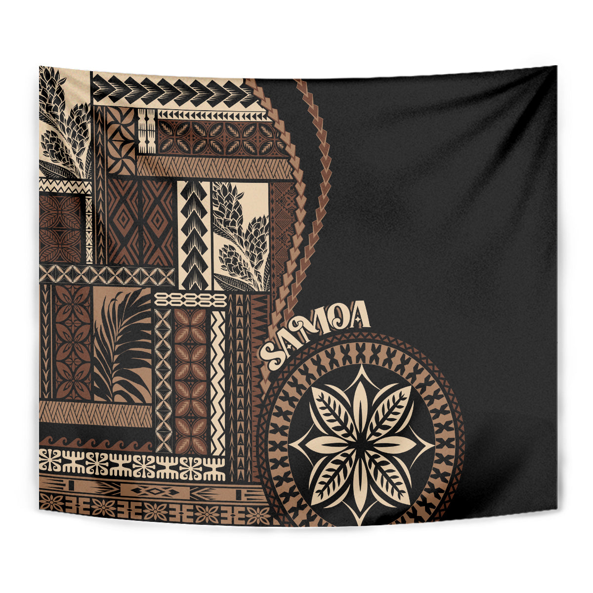 Black Samoa siapo motif tapestry close view with woven panels and circular flower