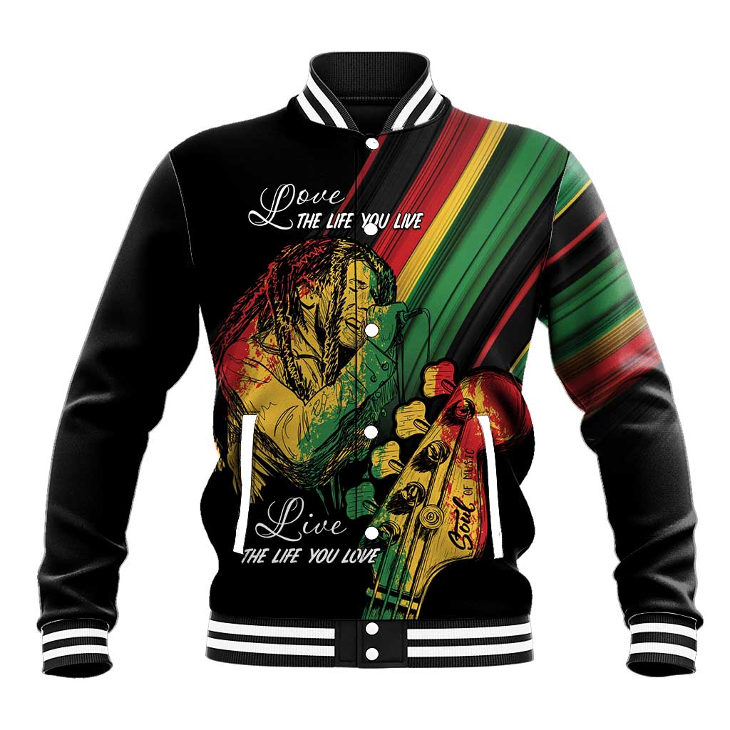 Black unisex baseball jacket with reggae singer graphic, snap buttons, striped rib trim