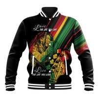 Black unisex baseball jacket with reggae singer graphic, snap buttons, striped rib trim