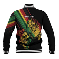 Black baseball jacket back with reggae graphic and red “YOUR TEXT”, striped rib hem