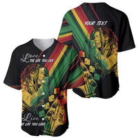 Pair of baseball jerseys with black raglan sleeves, reggae portrait, “Love The Life You Live”