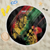 Personalised reggae beach blanket with round fringe edge and bold musician graphic print