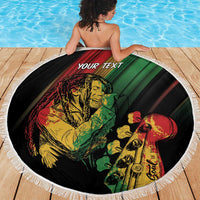 Personalised reggae beach blanket, round fringe edge, reggae musician portrait printed design