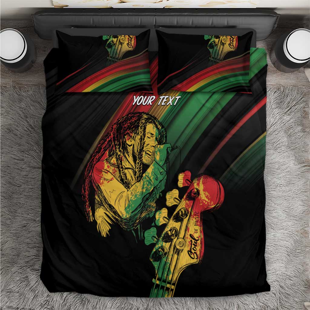 Personalised reggae bedding set, black duvet with reggae musician graphic and 'YOUR TEXT'