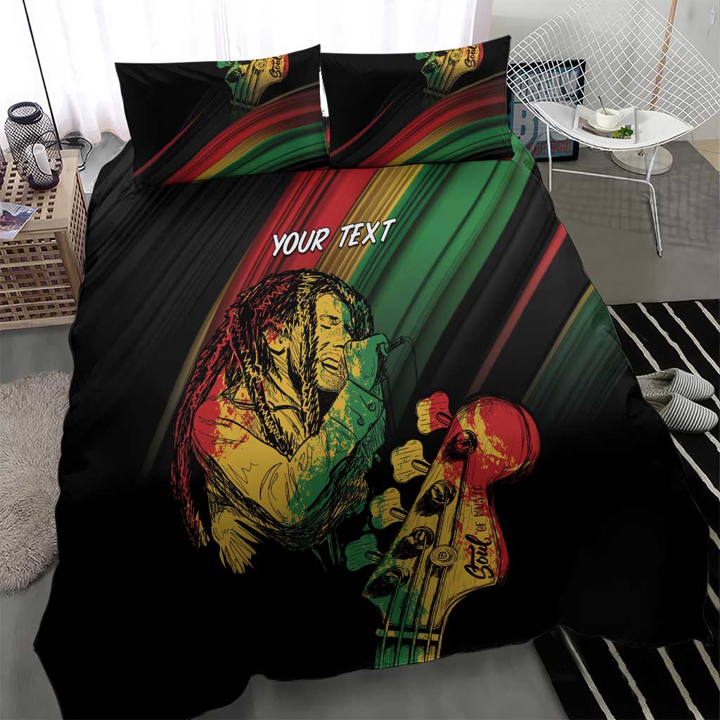 Personalised reggae bedding set with black duvet, reggae musician artwork, and 'YOUR TEXT' on front