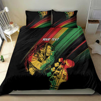 Personalised reggae bedding set: black duvet with reggae musician print and bold stripe accents