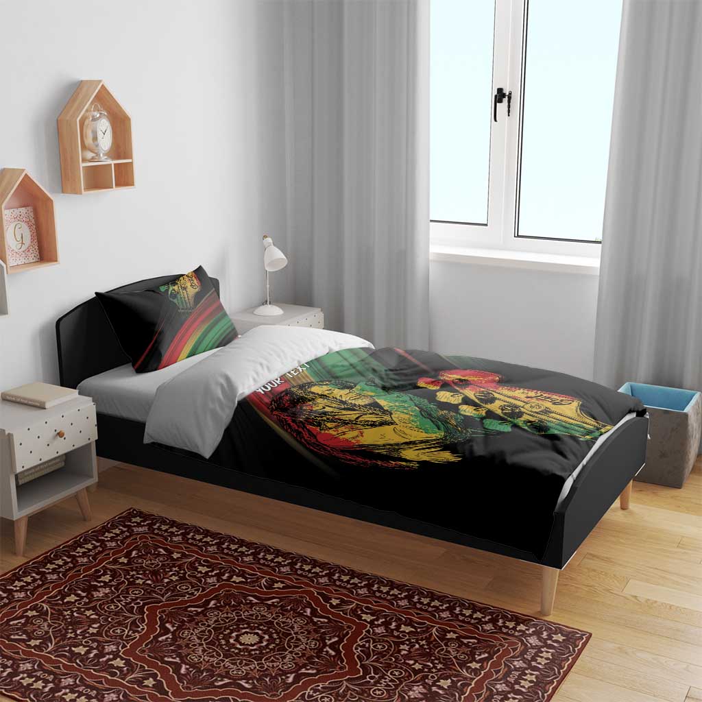 Personalised reggae bedding set on bed: black duvet with reggae musician print and 'YOUR TEXT'
