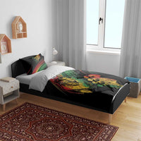 Personalised reggae bedding set on bed: black duvet with reggae musician print and 'YOUR TEXT'