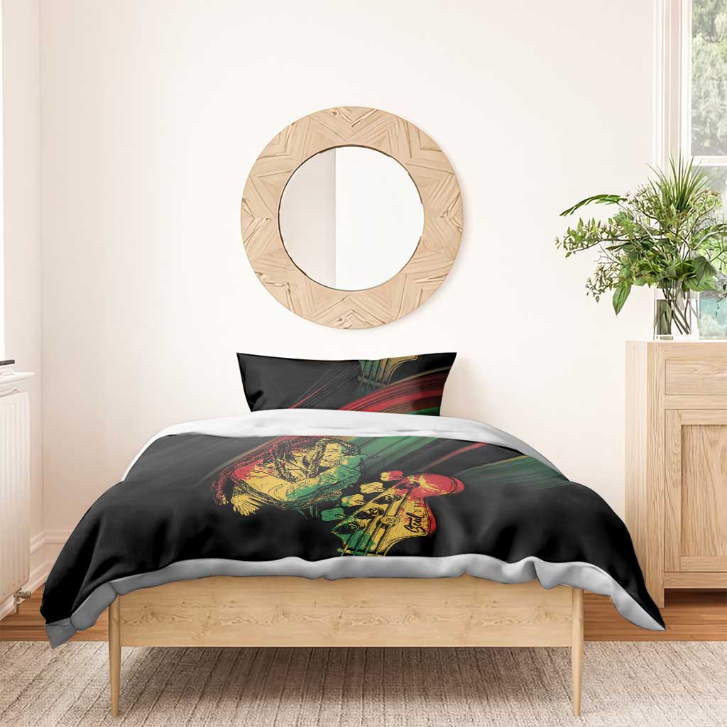 Personalised reggae bedding set: black duvet with reggae musician artwork, gray hem detail